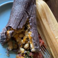 White beans, black-eyed peas, corn, collard greens, sweet potato, blue corn masa - DELICIOUS!!  at Good Golly Tamale in Knoxville