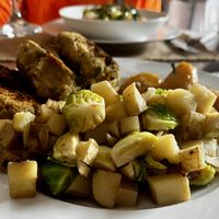 #5 potatoes, Brussels sprouts, croquettes  at Sat Nam in Antigua