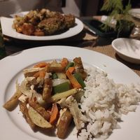 Tofu with sweet potato and a portion of rice at Sat Nam in Antigua