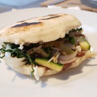 Arepa with soy sprouts, zucchini, peanut butter and cocoa at Sat Nam in Antigua