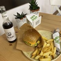 Veggie burger with fries and fritz kola   at Sara Green - Vegan Bistro in Bucharest