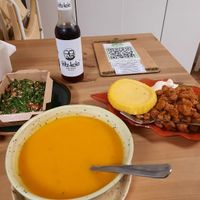 Pumpkin soup, tabbouleh and polenta at Sara Green - Vegan Bistro in Bucharest