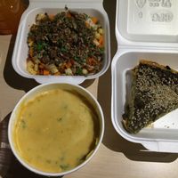 Lentil soup, rice with veggies and seeds, spinach-mushroom quiche  at Sara Green - Vegan Bistro in Bucharest