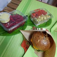 Beetroot salad, pasta salad, and Cheeseburger at Sara Green - Vegan Bistro in Bucharest