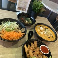 Laksa & shiitake mushroom noodles with black pepper franks. All vegan.  at Greendot - Vivocity in Central Singapore