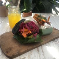 Beet burger & fries with komucha- amazing!! at Cafe Organic in Canggu