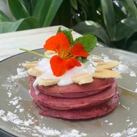"lover's pancake" red velvet style pancakes with banana & coco whip (vegan, gf) at Cafe Organic in Canggu