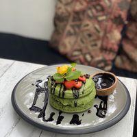 matcha pancakes with chocolate sauce at Cafe Organic in Canggu