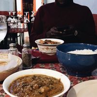 Vegan curries, naan, rice at Kathmandu in Des Moines