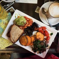vegan cooked breakfast and an almond milk latte at Singl-end - Garnethill in Glasgow