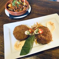Chorizo patatas bravas and Thai crab cakes at Harmonium in Edinburgh