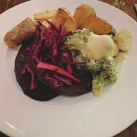 Christmas dinner! Seitan in homemade gravy, veggies with cheeze sauce, and perfect roasties  at Harmonium in Edinburgh
