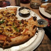 Philly cheese steak pizza and half tofish burger at Harmonium in Edinburgh