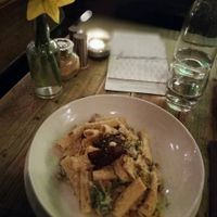 Rigatoni with walnut sauce and aubergine 'bacon' at Harmonium in Edinburgh