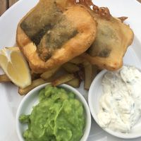 To-fish & chips, mushy peas, and tartar sauce  at Harmonium in Edinburgh