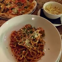 Spaghetti and meatballs with pizza and side of mac and cheese at Harmonium in Edinburgh