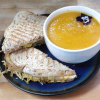 Vegan toasty with carrot/ginger soup at An Tobar Veggie Cafe in Isle Of Mull