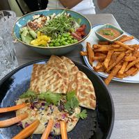 hummus + pita / sweet potatoes fries / veggie bowl at Happy Bean in Prague