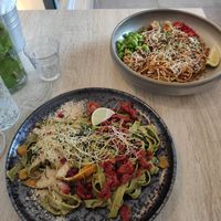 spinach tagliatelle,  yakisoba noodles with tofu at Happy Bean in Prague