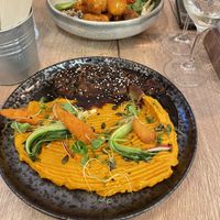Front: glazed vegan duck and tempura bowl  at Happy Bean in Prague
