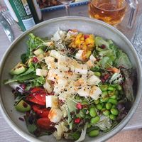 Grilled halloumi bowl at Happy Bean in Prague