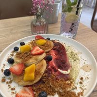 spelt pancakes and lavender lemonade  at Happy Bean in Prague
