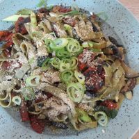 Vegan pasta dish at Happy Bean in Prague