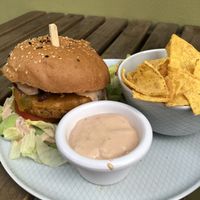 Vegetarian veggie burger (vegan option available) at Happy Bean in Prague