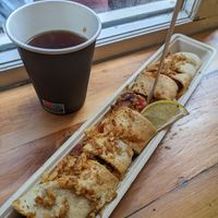 The bean chilli pancake and English breakfast tea at The Happy Pig Pancake Shop in Amsterdam