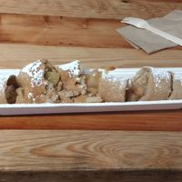 vegan pancakes with apple topping at The Happy Pig Pancake Shop in Amsterdam