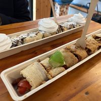 Top vegan Everybody’s Sweetheart, bottom vegan chili from da house   at The Happy Pig Pancake Shop in Amsterdam