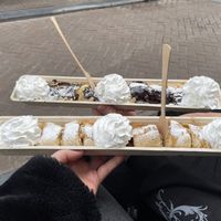 Vegan pancakes with apple filling and chocolate banana filling with vegan cream  at The Happy Pig Pancake Shop in Amsterdam