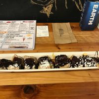 Vegan pancakes with banana and chocolate sauce at The Happy Pig Pancake Shop in Amsterdam