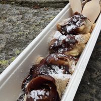 Vegan pancake with banana filling and chocolate sauce  at The Happy Pig Pancake Shop in Amsterdam