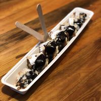 Vegan Everybody’s Sweetheart: Chocolate hazelnut spread, bananas, and almonds  at The Happy Pig Pancake Shop in Amsterdam