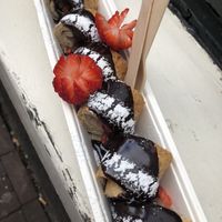 Vegan+gf pancake with chocolate-hazelnut sauce and strawberries at The Happy Pig Pancake Shop in Amsterdam