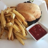 mushroom burger and fries  at Harborside Tavern in Boothbay Harbor