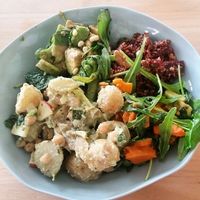large salad bowl (potatoe-chickpea, brokkoli-avocado, sweet potato-arugula and red beet-quinoa sala  at Edelgrün in Cologne