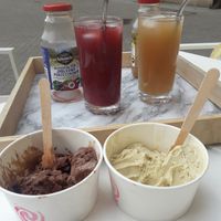 Nutella ice cream, pistachio ice cream and apple + black currant juice, apple + pear juice at Kafej in Poznan