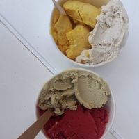 mango / peanut butter and cherry / pistachio vegan ice cream at Kafej in Poznan