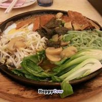 Hotplate mock grilled fish noodle at Thank Food Vegetarian in Kuching