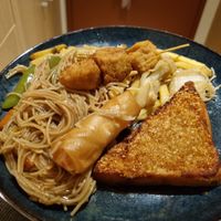 Toast spring roll chikn satay sticks vegie noodles at Vegie Kitchen in Southbank