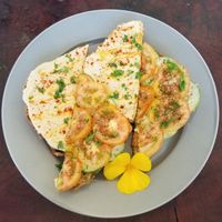 Toasts with hummus and vegetables (it usually comes with avocado but they didn't have it that day, so they replaced it with hummus. Still yummy!) at Hayahay Cafe in Mambajao