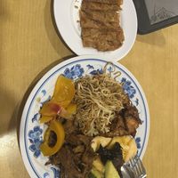 Tofu skin, seitan, noodles, spicy mushroom pineapple salad, tofu and a sour fruit   at Zhun San Yen Vegetarian in Kuching