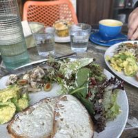 Pickled mushroom salad and muffin   at Olivia Spring Cafe in Moonee Ponds