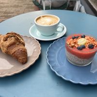 Strawberry chia pudink, croissant, cappuccino (107 sek)  at OAS Cafe in Kalmar