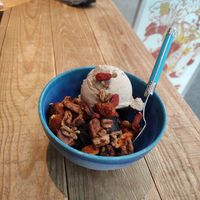 Charcoal and vanilla date scoops + topping at Kippy's Coco-Cream in Tokyo