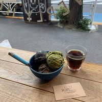 Vegan ice cream (matcha, coffee, black sesame) + free coffee at Kippy's Coco-Cream in Tokyo