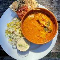 Saffron soup w aioli and foccacia at Cafe Nyfiket in Raettvik