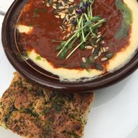 Hungarian stew with humus and focaccia   at Cafe Nyfiket in Raettvik